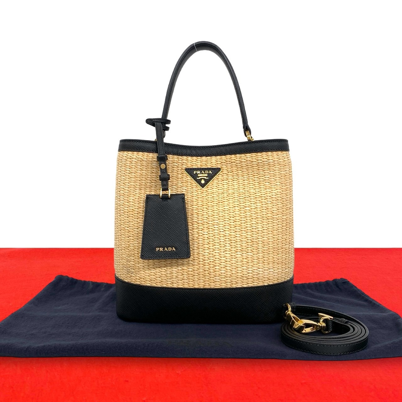 PRADA プラダ パニエ 三角 ロゴ 金具 ラフィア レザー ショルダーバッグ ベージュ
 24114