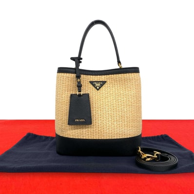 PRADA プラダ パニエ 三角 ロゴ 金具 ラフィア レザー ショルダーバッグ ベージュ
24114