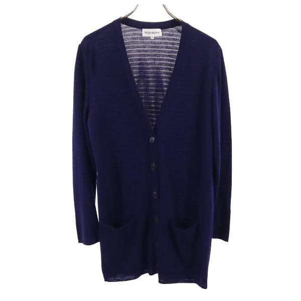 YVES SAINT LAURENT イヴサンローラン 日本製 ウールブレンド ボーダー 長袖 Vネック ニット カーディガン L ネイビー系