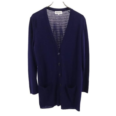 YVES SAINT LAURENT イヴサンローラン 日本製 ウールブレンド ボーダー 長袖 Vネック ニット カーディガン L ネイビー系