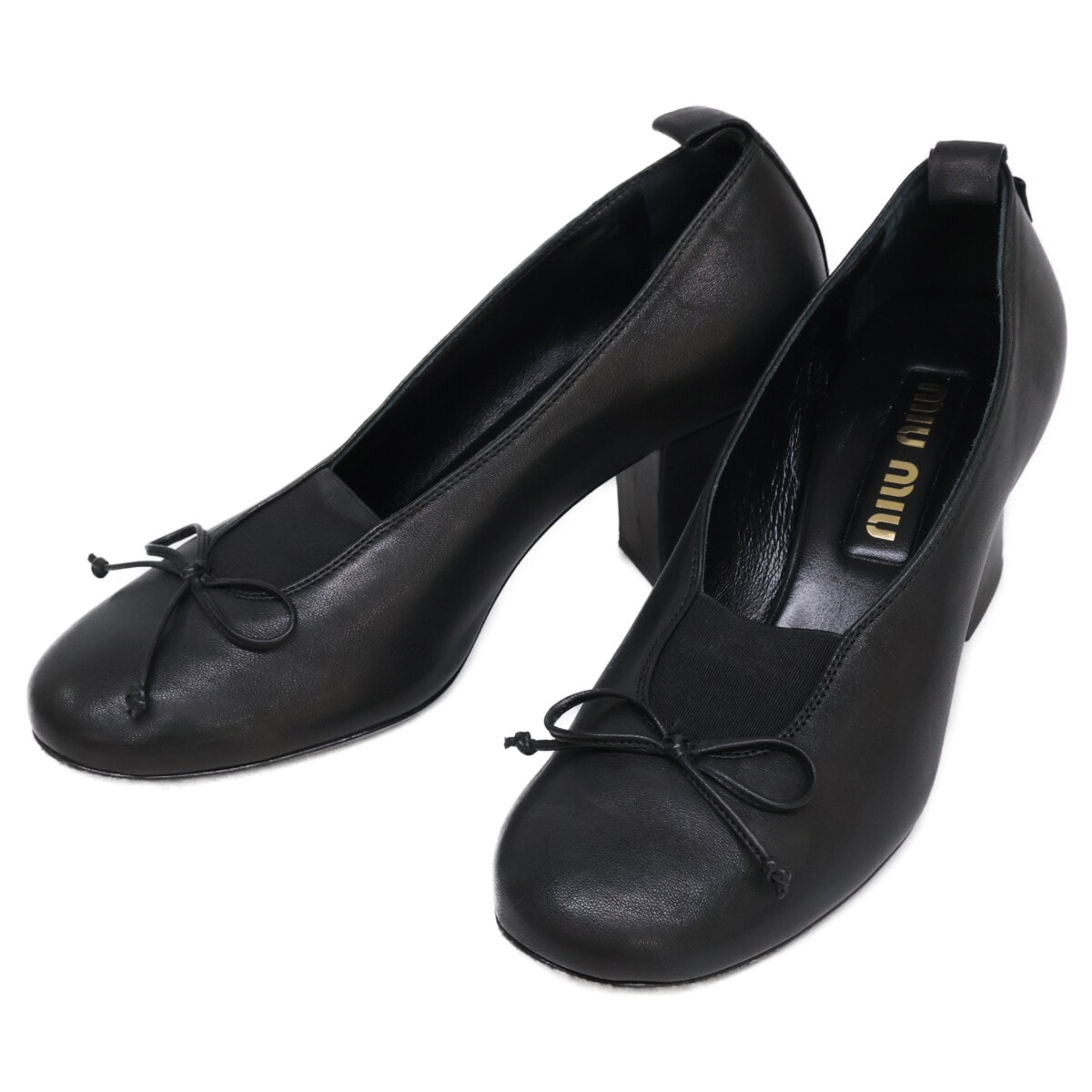 ミュウミュウ 25AW 5I551E ナッパラムスキン リボンデザイン エラン チャンキーヒールパンプス 36