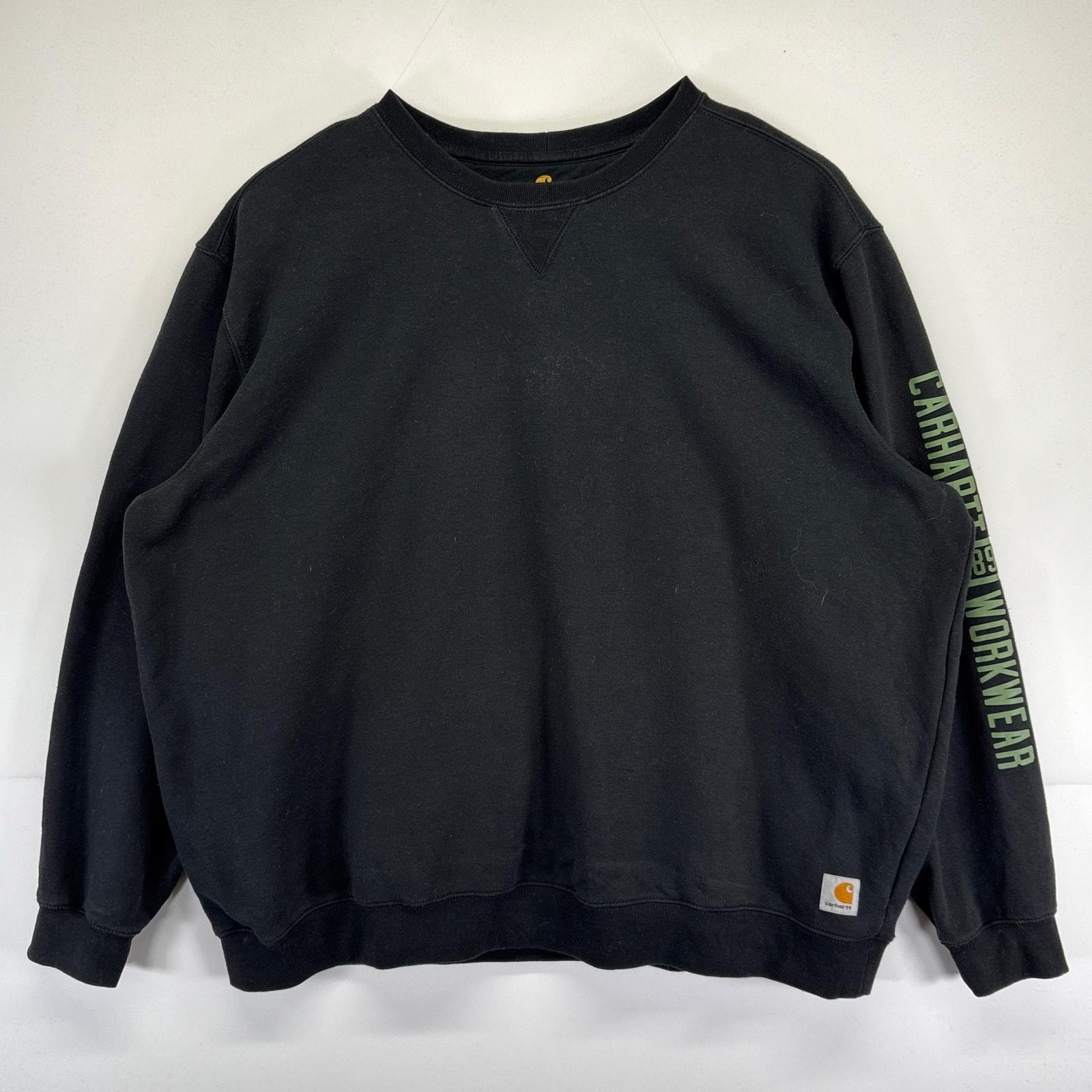 古着 カーハート Carhartt スウェット クルーネック 袖ロゴプリント トレーナー 大きいサイズ 2XL  ブラック メンズ