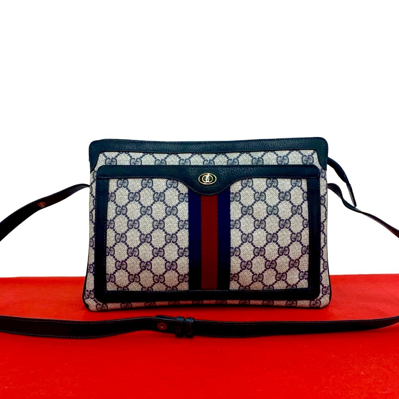 GUCCI グッチ シェリーライン GG ロゴ 柄 レザー PVC ショルダーバッグ ネイビー
 94072