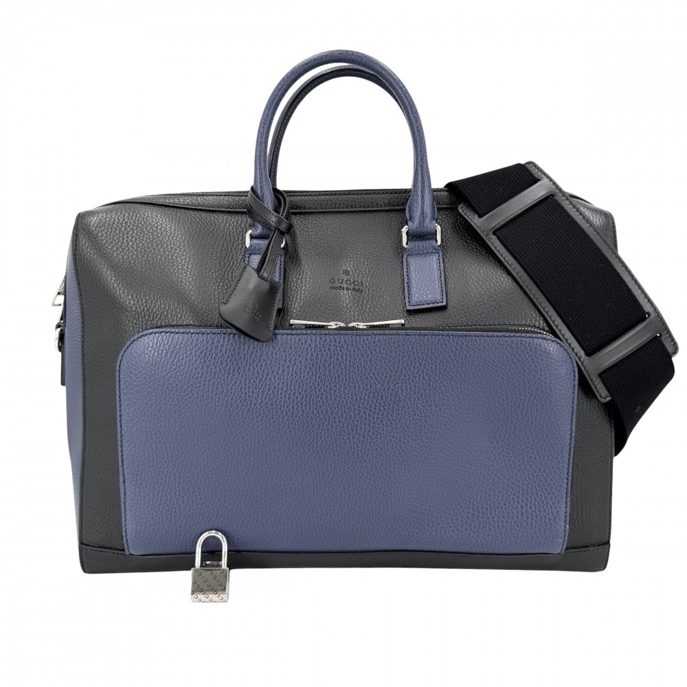 GUCCI グッチ 2WAY ブリーフケース トートバッグ ショルダーバッグ ハンドバッグ ビジネスバッグ 411872 レザー    ブラック 黒 ネイビー 紺 シルバー金具 メンズ【中古品】