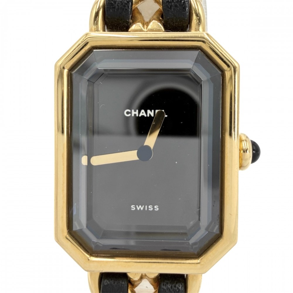 CHANEL シャネル 腕時計 プルミエールL ウォッチ 電池式 黒文字盤 QZ クオーツ GP  レザー   ゴールド ブラック 黒 レディース【中古品】