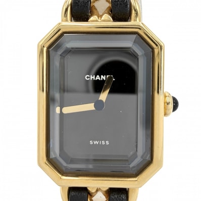 CHANEL シャネル 腕時計 プルミエールL ウォッチ 電池式 黒文字盤 QZ クオーツ GP レザー ゴールド ブラック 黒 レディース【中古品】