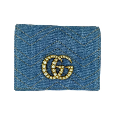 美品 GUCCI グッチ GGマーモント フェイクパール ブルー ゴールド金具 デニム 折財布 コンパクトウォレット 1-0249592 【中古】