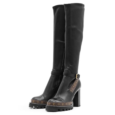 美品 ルイ・ヴィトン 2019年製 MA0159 ロング ハイヒール アンクルベルト LV モノグラム レザー ストレッチライニング ブーツ レディース ブラック 37 1/2 LOUIS VUITTON