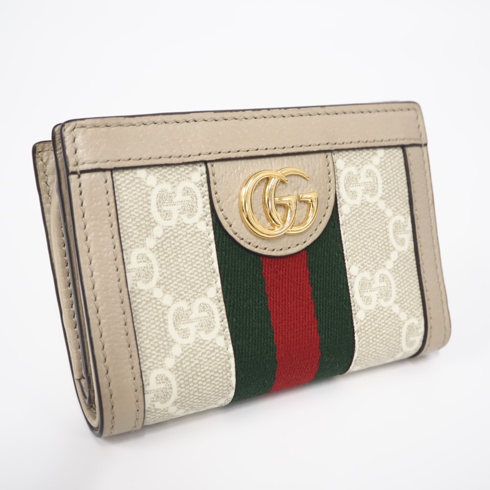 美品 GUCCI グッチ オフィディア GGスプリーム 二つ折り財布 813296 二つ折り財布 ベージュ グリーン レッド グレインカーフレザー レディース