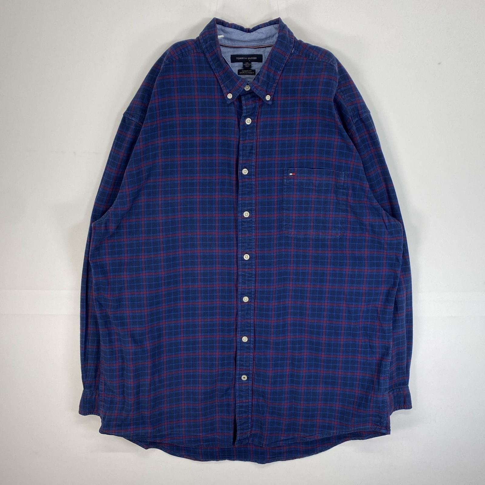 古着 トミーヒルフィガー TOMMY HILFIGER 長袖シャツ 肉厚 ロゴ 刺繍 ボタンダウン 14041 ネイビー系 チェック メンズ
