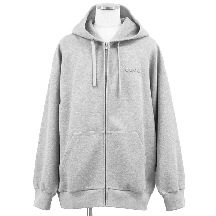 【極美品】GUCCI グッチ スウェット サイズ XL メンズ ジップアップ ロゴ エンボス オーバーサイズ フーディー パーカー トップス グレー 灰色 イタリア製