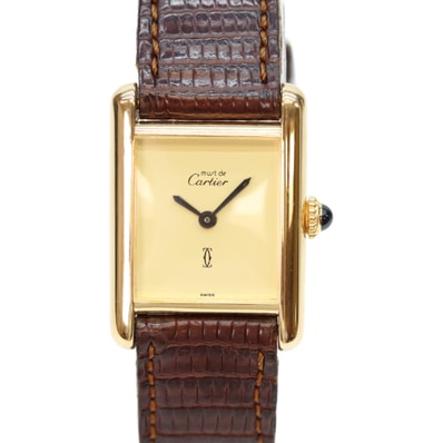 カルティエ 925 マストタンクヴェルメイユSM アイボリー文字盤 手巻き 革 -