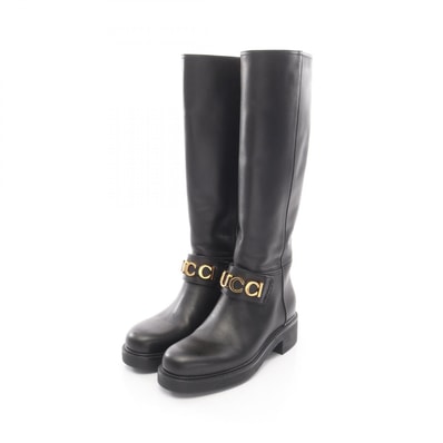 グッチ GUCCI ロゴ ロング ブーツ 靴 レザー レディース ブラック系 752517 【中古】