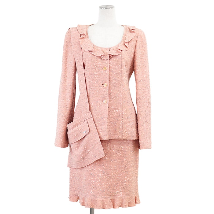 美品 シャネル 99A P14302 ヴィンテージ ツイード ジャケット ラッフル COCOマークボタン スカート バッグ セットアップ レディース ピンク マルチカラー 40 CHANEL