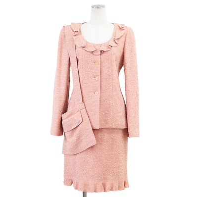 美品 シャネル 99A P14302 ヴィンテージ ツイード ジャケット ラッフル COCOマークボタン スカート バッグ セットアップ レディース ピンク マルチカラー 40 CHANEL