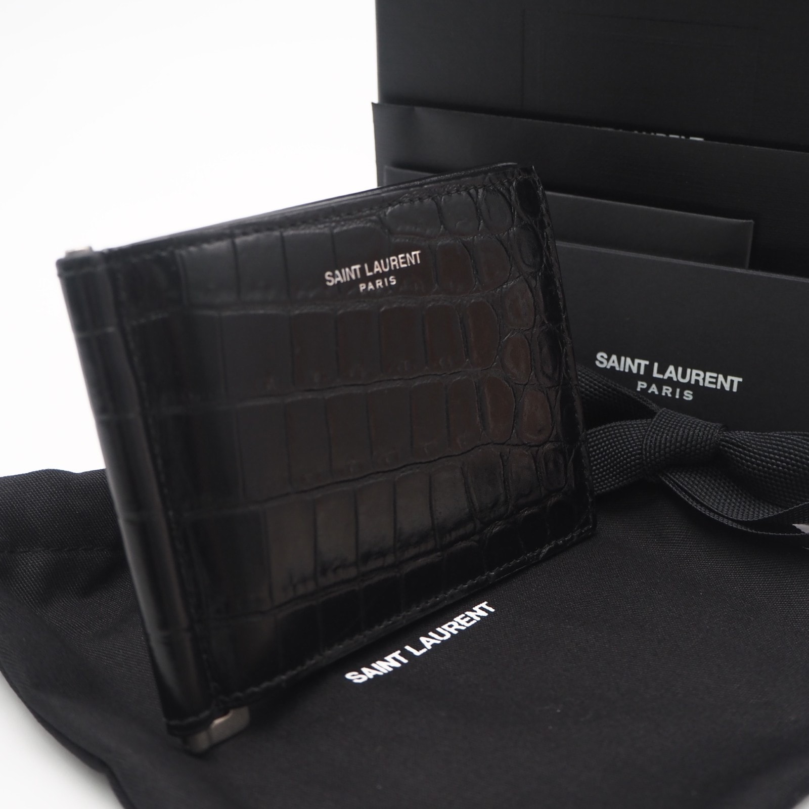美品 SAINT LAURENT サンローラン クロコ型押し マネークリップ 378005 マネークリップ ブラック クロコダイル カーフレザー メンズ