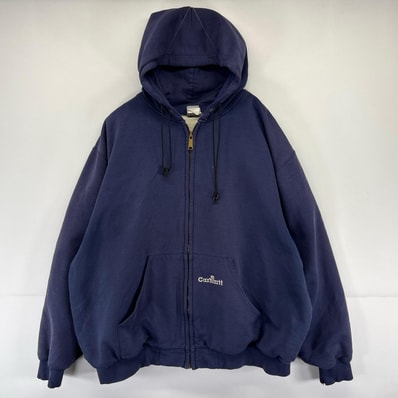 古着 カーハート Carhartt パーカー ロゴ フーディ 刺繍 大きいサイズ ワンポイント 裏地メッシュ ネイビー系 メンズ