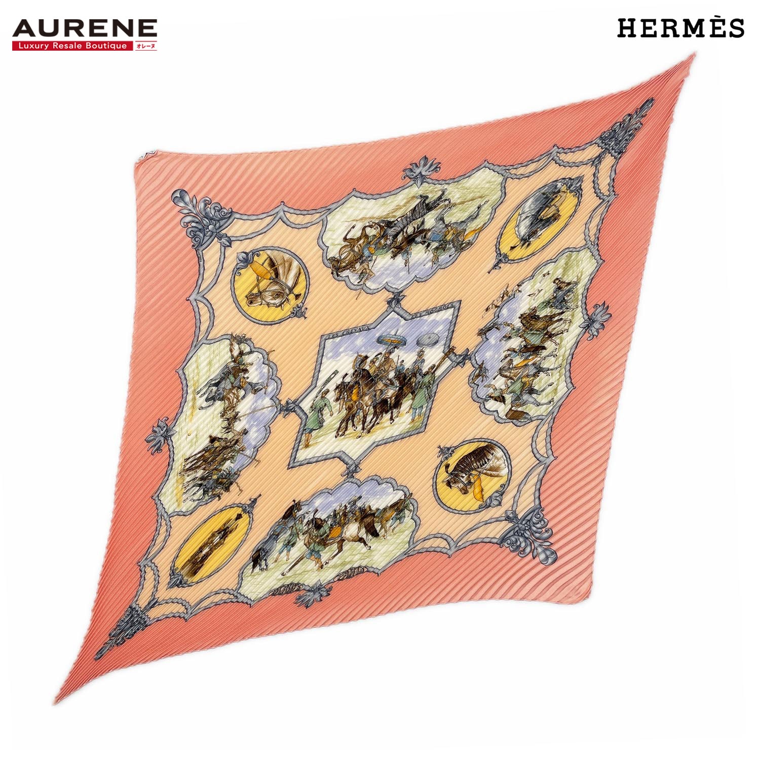 HERMES エルメス カレ90 スカーフ LES CHEVAUX DES MOGHOLS ムガルの馬 プリーツ シルク ピンク レディース 【中古】