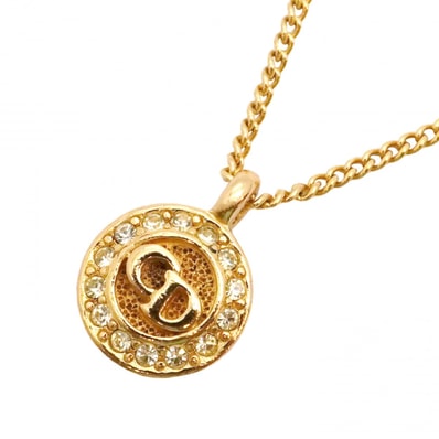 【6jdb0434-k】クリスチャンディオール ネックレス CDロゴ 丸型 サークル GPメッキ ラインストーン ゴールド【中古】レディース