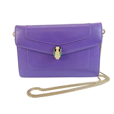 美品 BVLGARI ブルガリ セルペンティ フォーエバー パープル ゴールド レザー ショルダーバッグ チェーンウォレット 1-0295765 【中古】