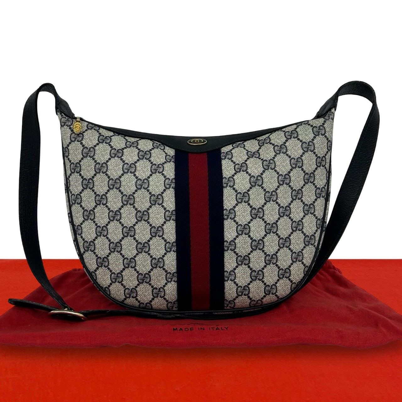 GUCCI グッチ シェリーライン GG ロゴ 柄 金具 レザー PVC ショルダーバッグ ネイビー
 94571