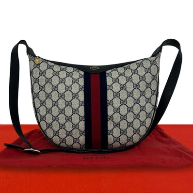 GUCCI グッチ シェリーライン GG ロゴ 柄 金具 レザー PVC ショルダーバッグ ネイビー
94571