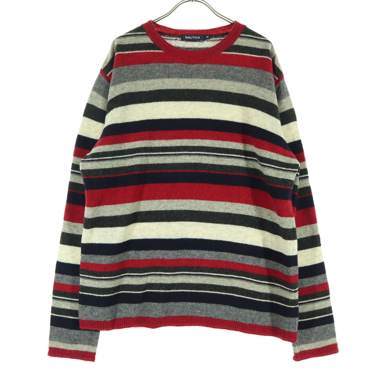 NAUTICA ノーティカ ボーダー柄 長袖 丸襟 ウール セーター M レッド系