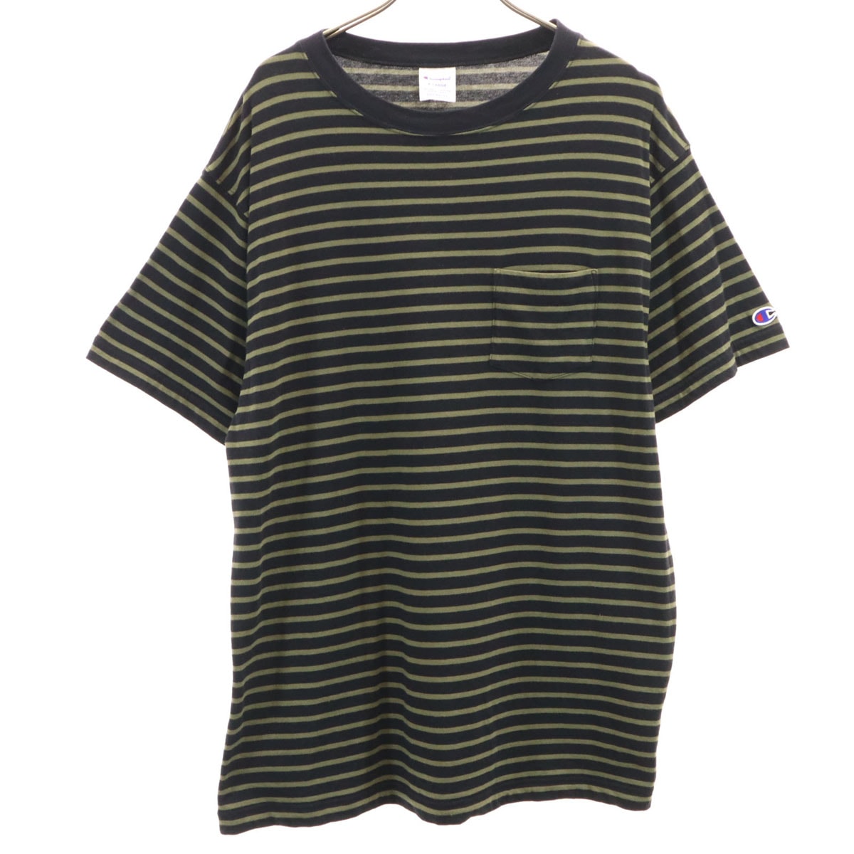 Champion チャンピオン ボーダー柄 半袖 Tシャツ XL ブラック ポケT
