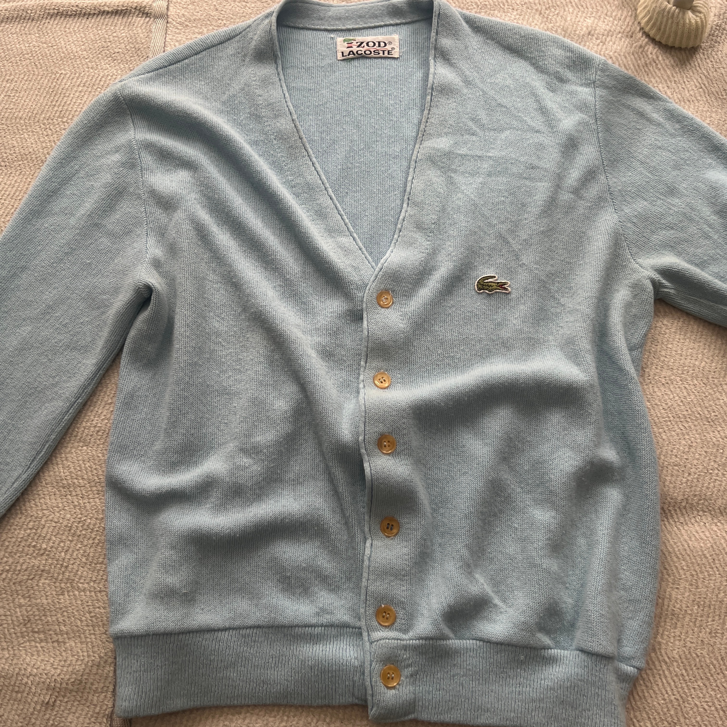 Lacoste 水色ニットカーディガン Vネック 5ボタン