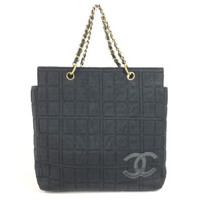 シャネル CHANEL CC ココマーク ロゴ チョコバー トートバッグ カバン Wチェーン チェーンバッグ ショルダーバッグ コットン ブラック