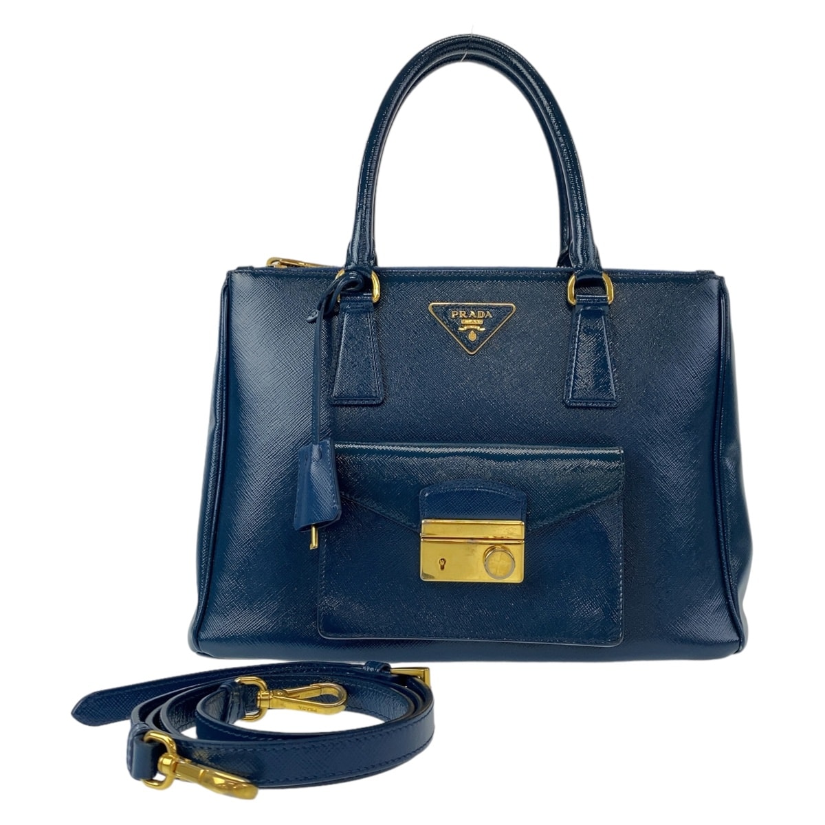 美品 PRADA プラダ サフィアーノ 三角ロゴプレート ブルー 青 ゴールド金具 レザー 2way ハンドバッグ 斜め掛け ショルダーバッグ 503322 【中古】