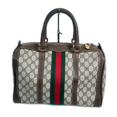 GUCCI グッチ ミニボストンバッグ シェリーライン ヴィンテージ ベージュ レッド グリーン PVCコーティングキャンバス レディース