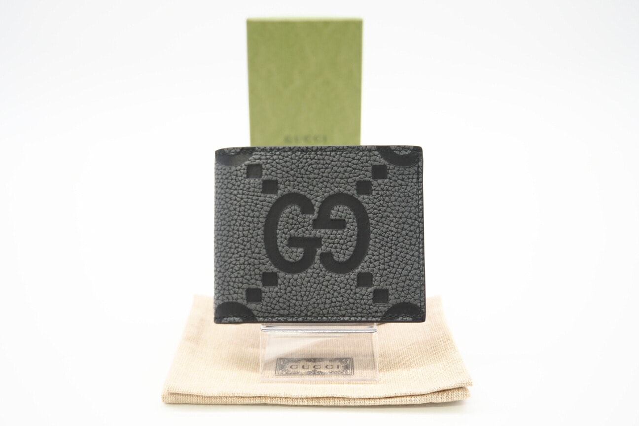 美品 GUCCI グッチ ジャンボGG レザー 二つ折りウォレット 739475 二つ折り財布 ブラック グレー レザー メンズ