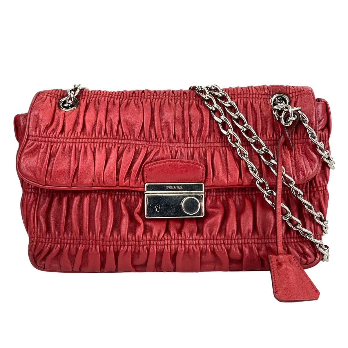 PRADA プラダ ナッパゴーフル サウンドロック チェーンショルダーバッグ ショルダーバッグ BT0939 レザー レッド  レディース【中古】