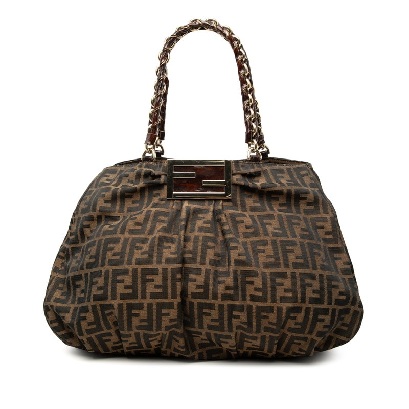 フェンディ ズッカ チェーン トートバッグ ショルダーバッグ 8BR616 ブラウン キャンバス レザー レディース FENDI 中古