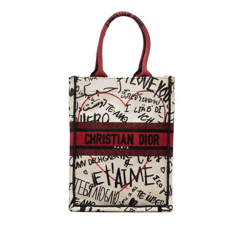 ディオール ブックトート バーティカル トートバッグ ハンドバッグ ホワイト ブラック レッド キャンバス レディース Dior 中古