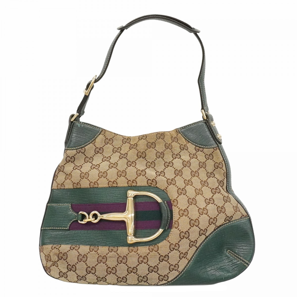 【6dc3559】グッチ ショルダーバッグ GGキャンバス ホースビット 137388 キャンバス グリーン ブラウン シャンパンゴールド金具【中古】レディース