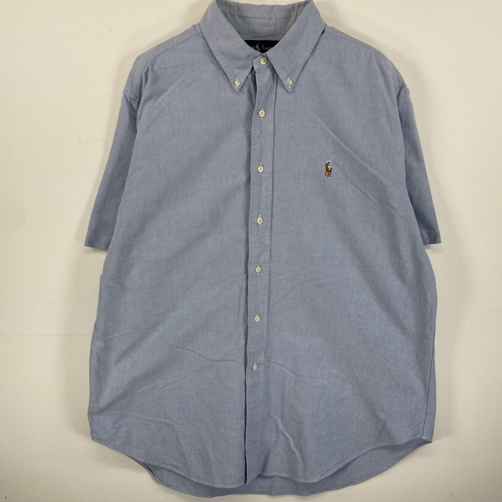 古着 90's/90年代 ラルフローレン RALPH LAUREN 半袖シャツ ボタンダウン ワンポイントロゴ刺繍 ビックサイズ XL  ブルー系 無地 メンズ
