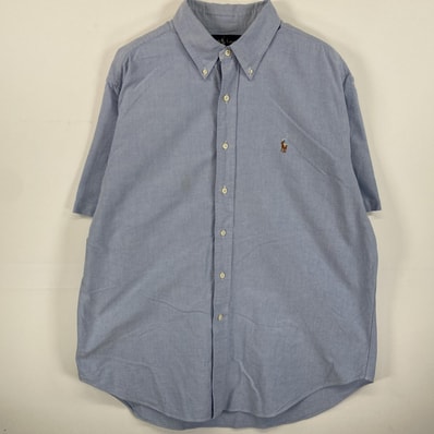 古着 90's/90年代 ラルフローレン RALPH LAUREN 半袖シャツ ボタンダウン ワンポイントロゴ刺繍 ビックサイズ XL ブルー系 無地 メンズ