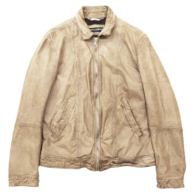 DOLCE&GABBANA ドルチェ&ガッバーナ レザージャケット ジップアップ ロゴ メタルプレート ラムスキン ブルゾン アウターメンズ サイズ 46 ベージュ イタリア製