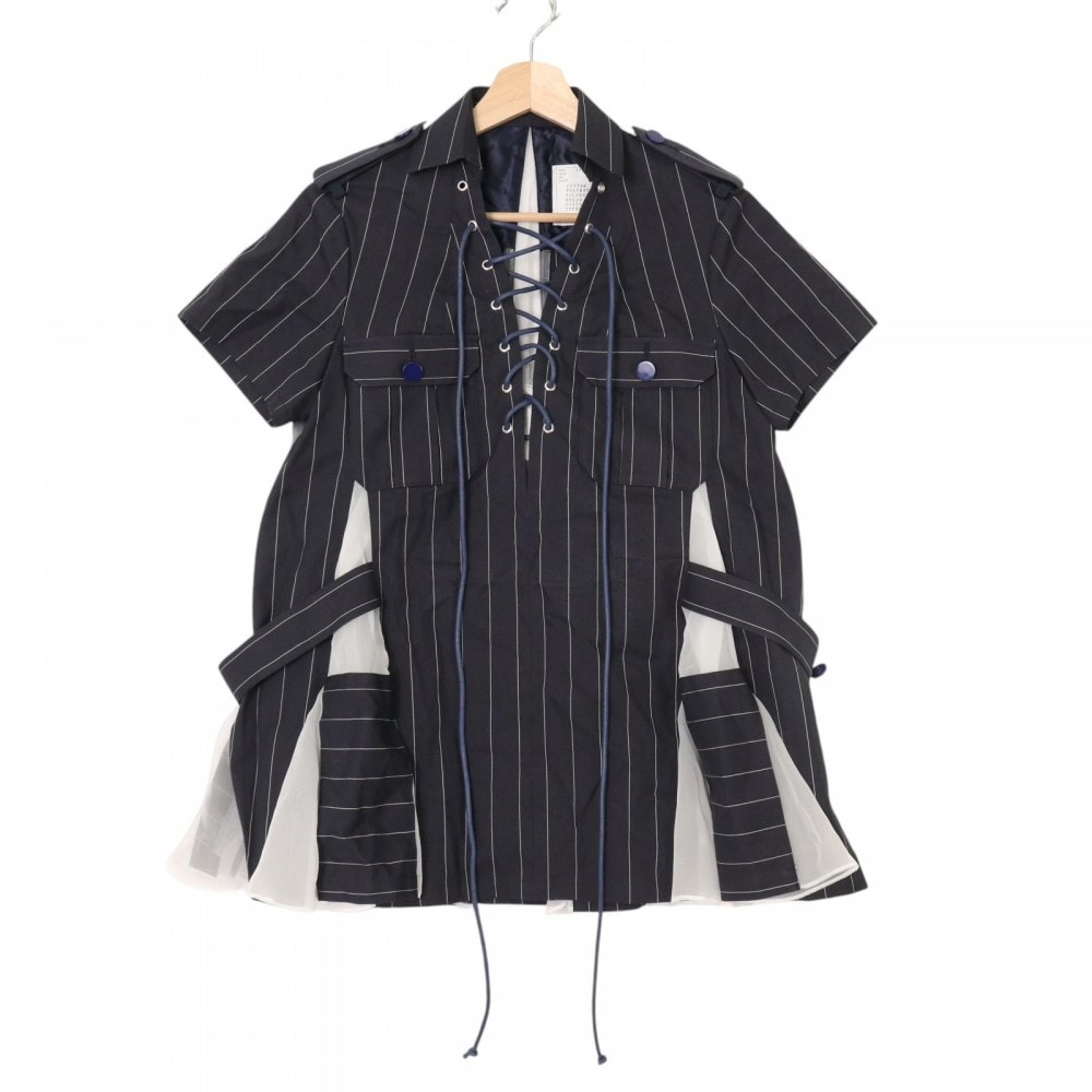 Sacai Sakai 드레스, 반팔, 스트라이프, 시폰, 미니 드레스, 다른 소재, 의류, 셔츠 드레스, 네이비, 네이비, 화이트, 화이트, 실버, 쇠장식, 면, 폴리에스터, 여성용, 봄, 여름, 아름다운 [중고]