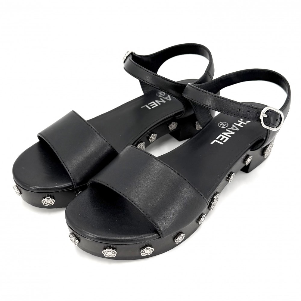 CHANEL シャネル サンダル ココマーク カメリア 靴 36 1/2サイズ 約23.5cm G31754 レザー  ウッド   ブラック 黒 シルバー金具 レディース 春 夏【中古品】