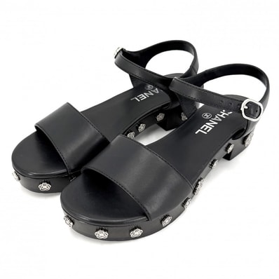 CHANEL シャネル サンダル ココマーク カメリア 靴 36 1/2サイズ 約23.5cm G31754 レザー ウッド ブラック 黒 シルバー金具 レディース 春 夏【中古品】