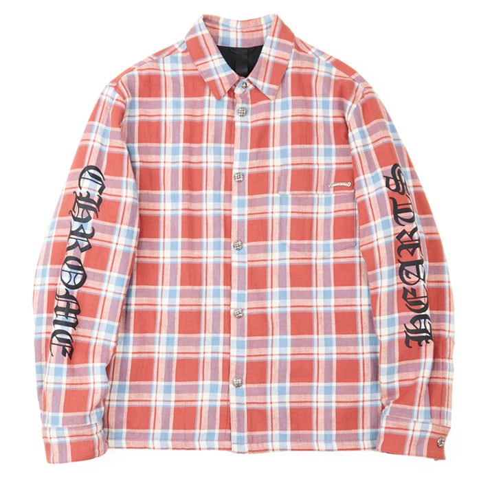 美品 クロムハーツ WORKN JNKYD PLD アームロゴプリント クロスボールスナップボタン シャツジャケット ボックスシルエット 長袖シャツ メンズ レッド サックスブルー ホワイト XL CHROME HEARTS