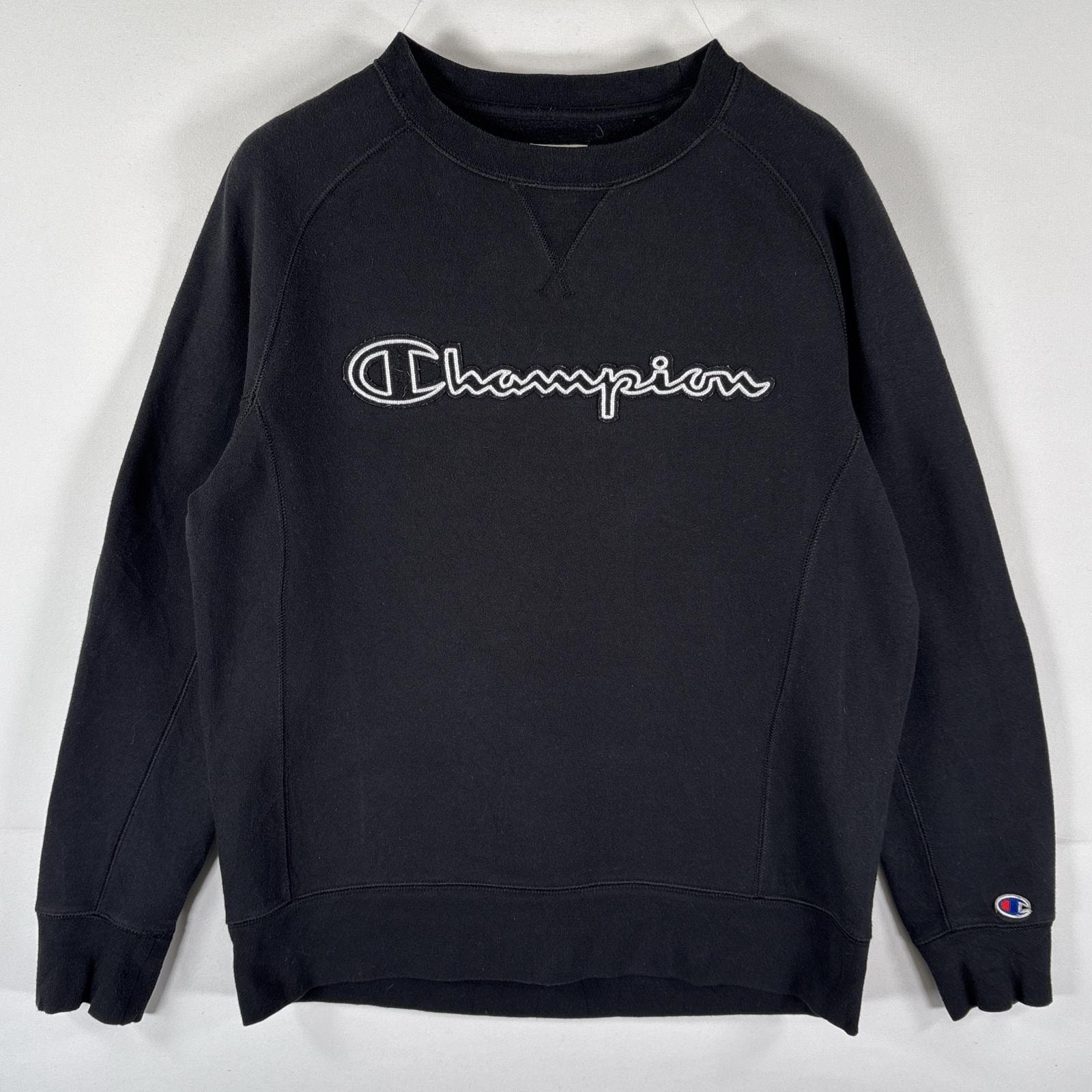 古着 チャンピオン Champion スウェット トレーナー ビッグロゴワッペン クルーネック 前V プルオーバー  S  ブラック メンズ