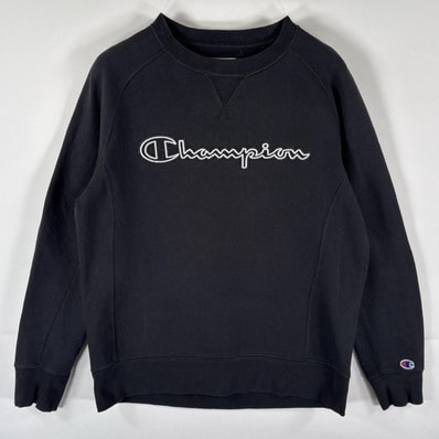 古着 チャンピオン Champion スウェット トレーナー ビッグロゴワッペン クルーネック 前V プルオーバー S ブラック メンズ