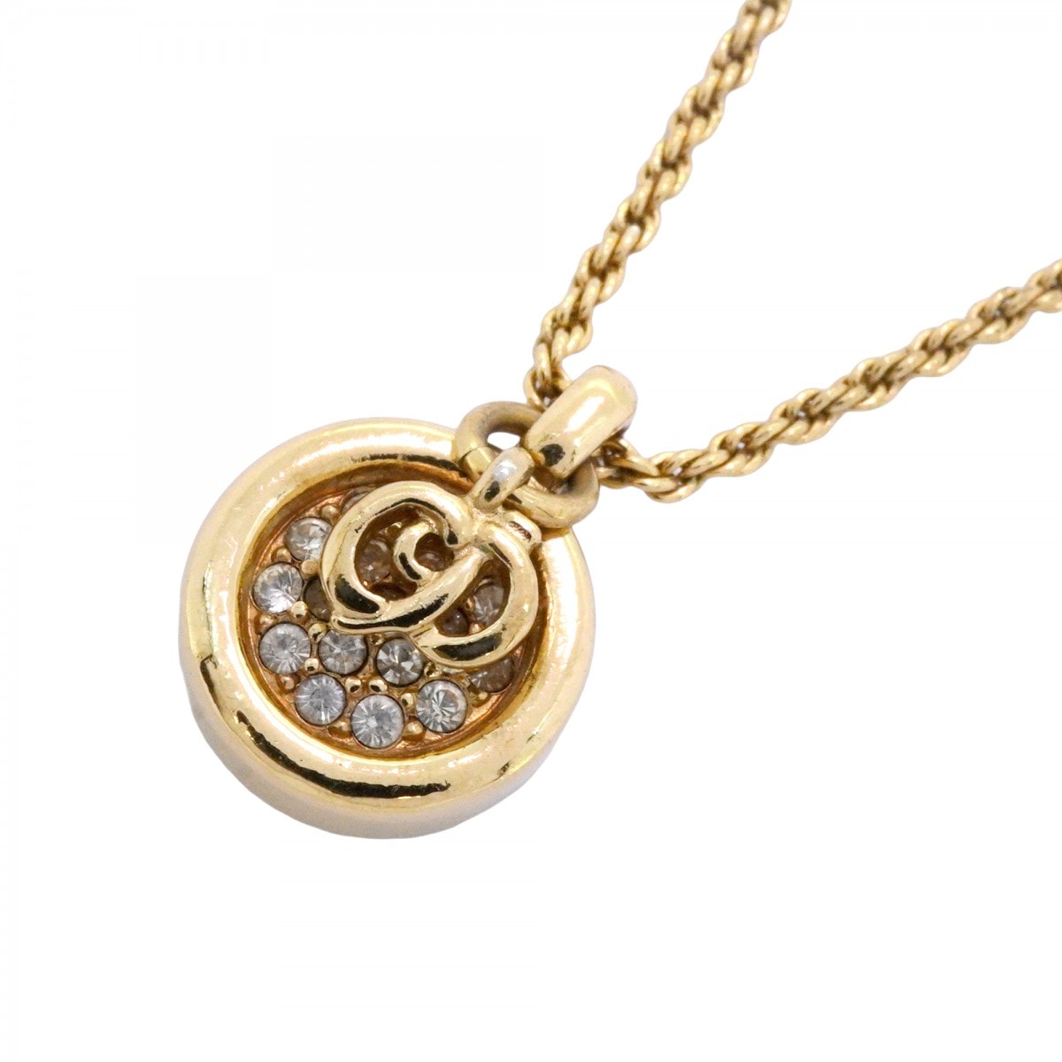 【6jcb0934-k】クリスチャンディオール ネックレス CDロゴ GPメッキ ラインストーン ゴールド【中古】レディース