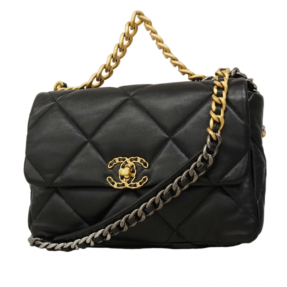 【6db1640】シャネル ショルダーバッグ チェーンショルダー シャネル19 ラムスキン ブラック ゴールド/シルバー金具【中古】レディース