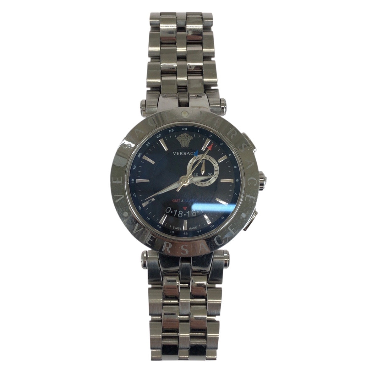 VERSACE ヴェルサーチ メデューサ V-RACE GMT ALARM ネイビー シルバー金具 ステンレススチール 腕時計 クオーツ ダークネイビー文字盤 1-0289611 【中古】