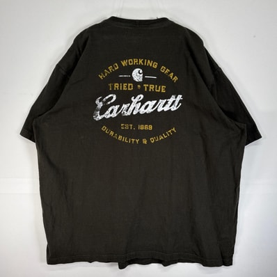古着 カーハート Carhartt 半袖Tシャツ 大きいサイズ 肉厚 ワンポイント ロゴ 胸ポケ フェード 2XL カーキ系 バックプリント メンズ
